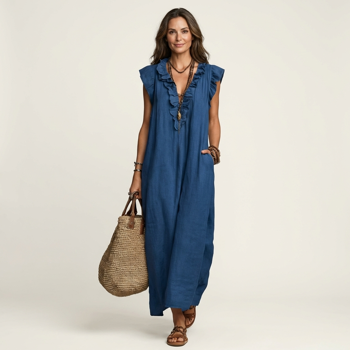 Josette | Robe Maxi à Col V Volant