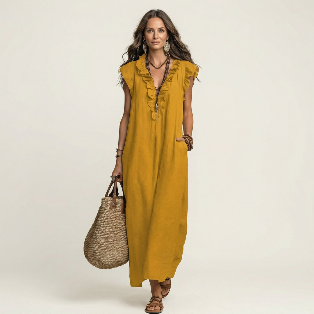 Josette | Robe Maxi à Col V Volant