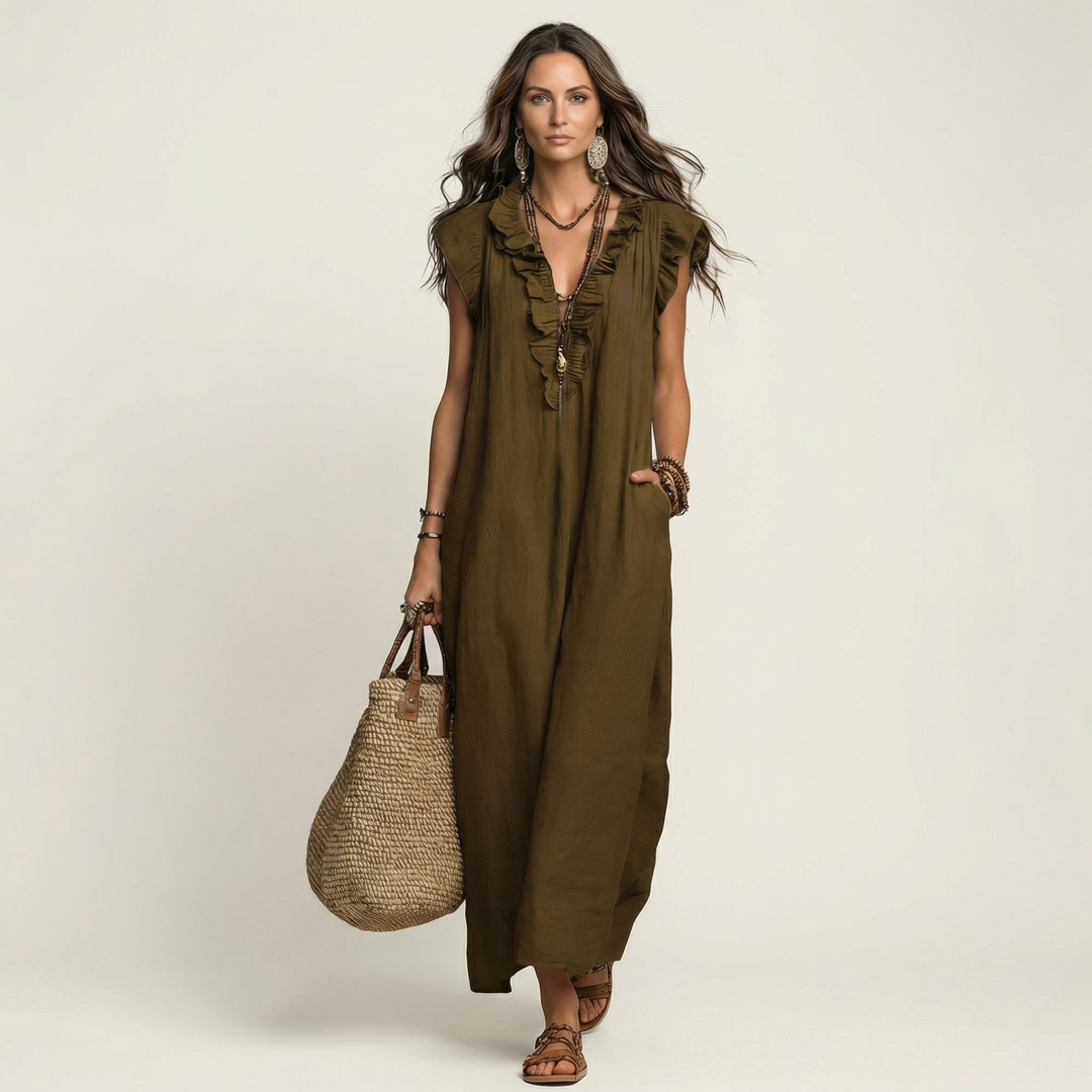 Josette | Robe Maxi à Col V Volant