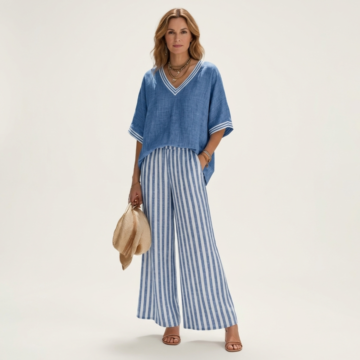 Juliana | Haut Varsity à Col V & Ensemble Pantalon Large Rayé