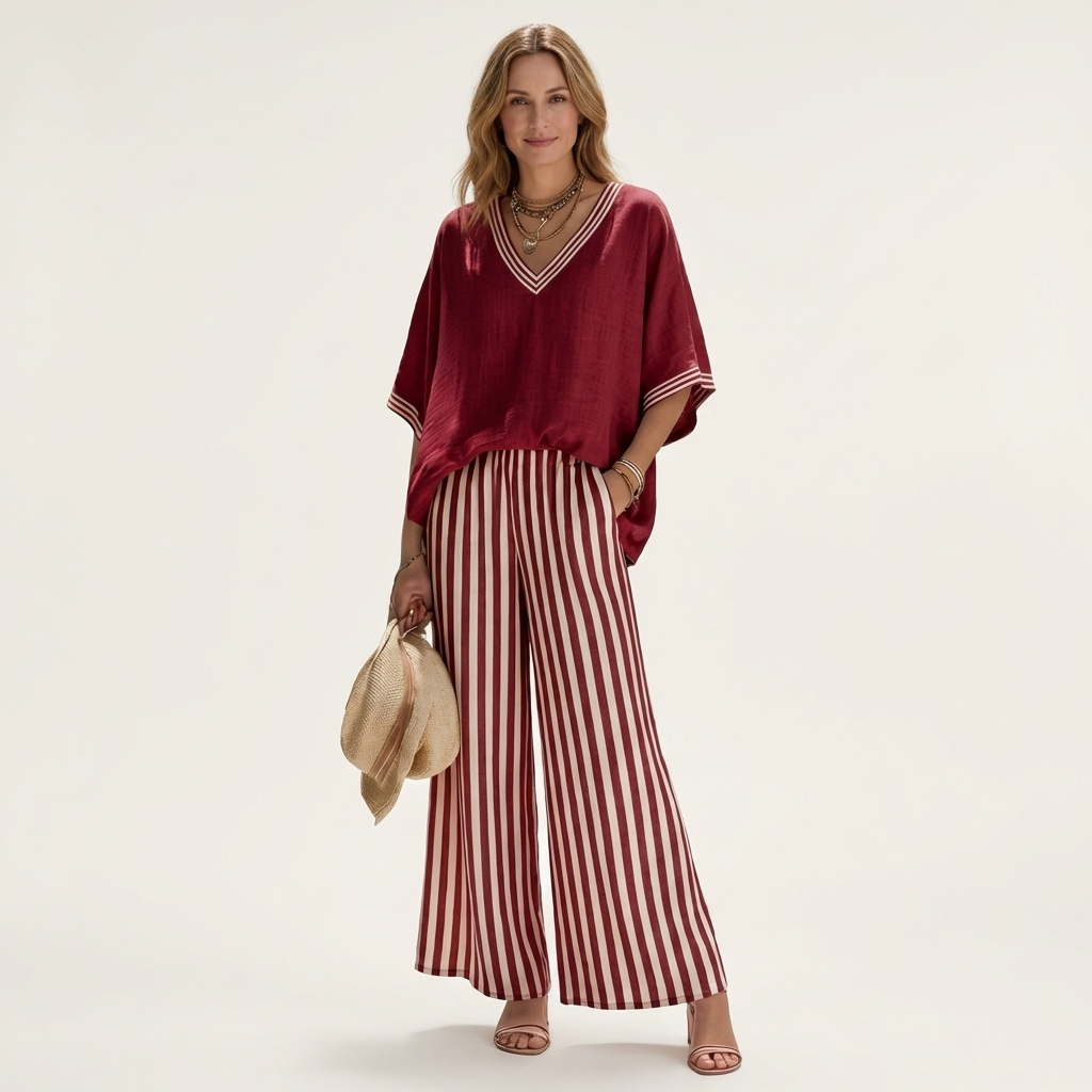Juliana | Haut Varsity à Col V & Ensemble Pantalon Large Rayé