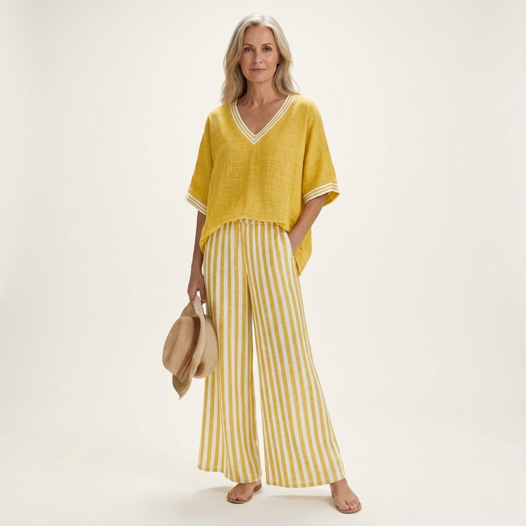 Juliana | Haut Varsity à Col V & Ensemble Pantalon Large Rayé