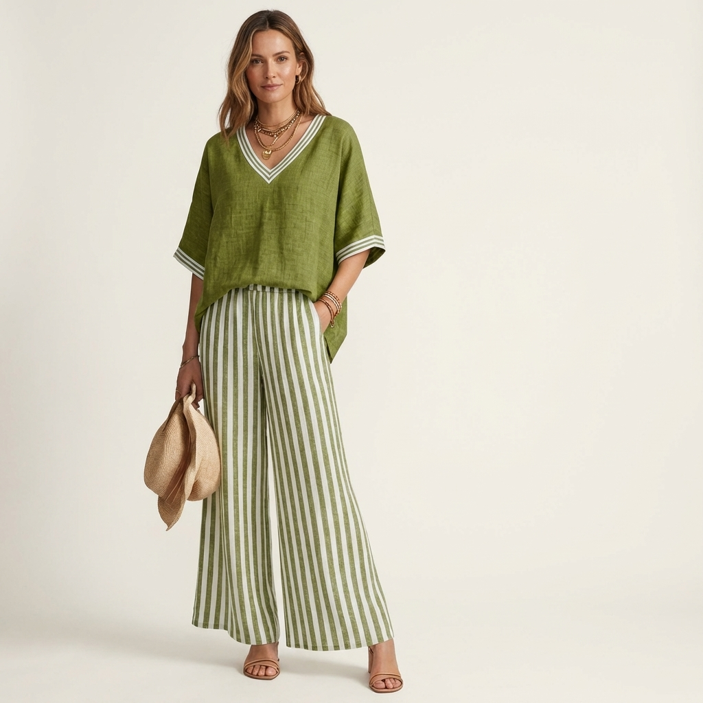 Juliana | Haut Varsity à Col V & Ensemble Pantalon Large Rayé