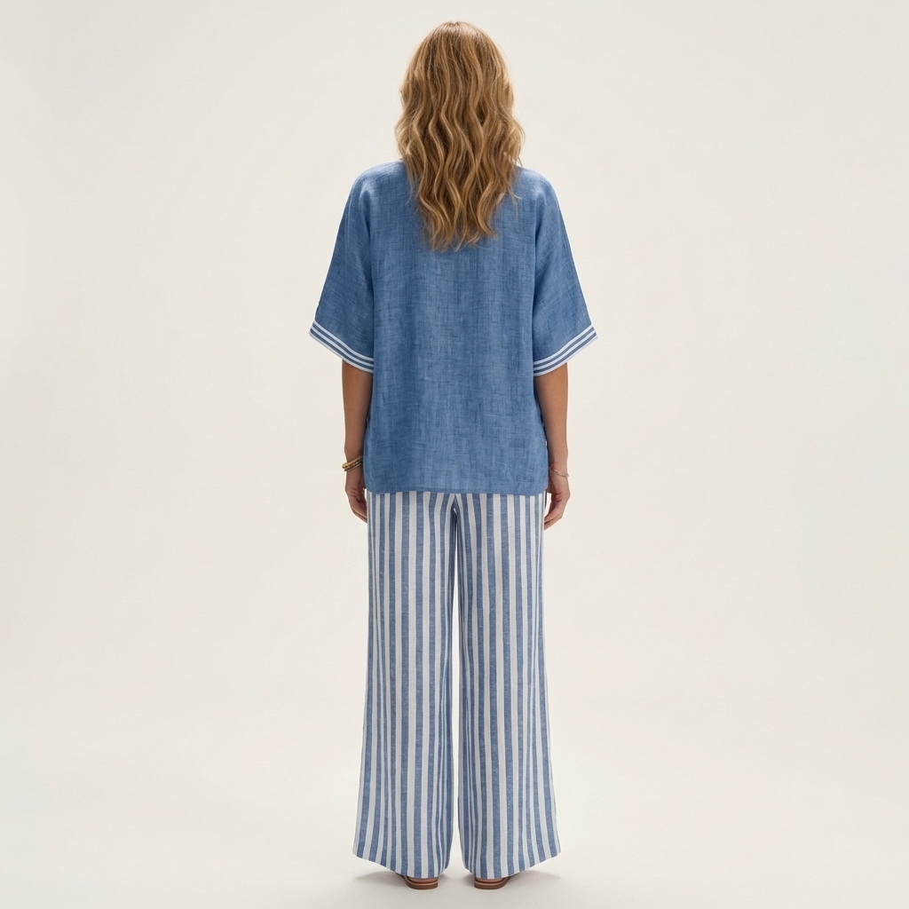 Juliana | Haut Varsity à Col V & Ensemble Pantalon Large Rayé