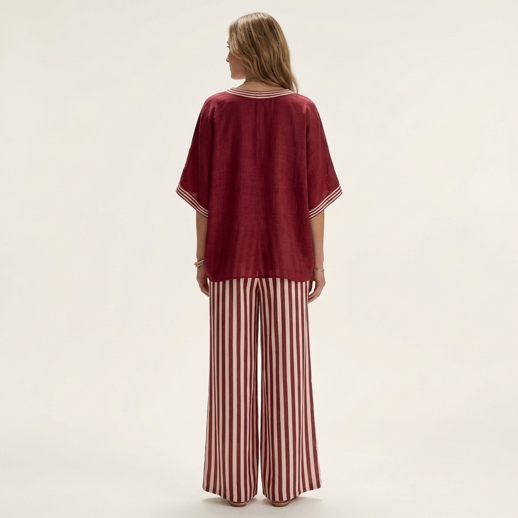Juliana | Haut Varsity à Col V & Ensemble Pantalon Large Rayé