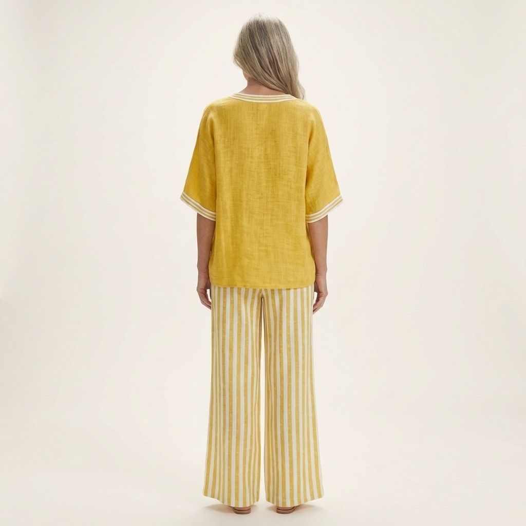 Juliana | Haut Varsity à Col V & Ensemble Pantalon Large Rayé