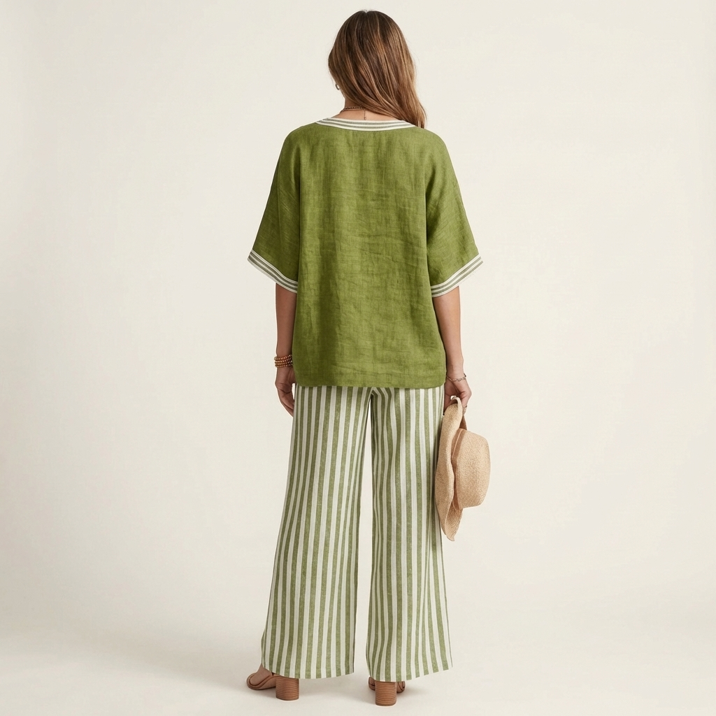Juliana | Haut Varsity à Col V & Ensemble Pantalon Large Rayé