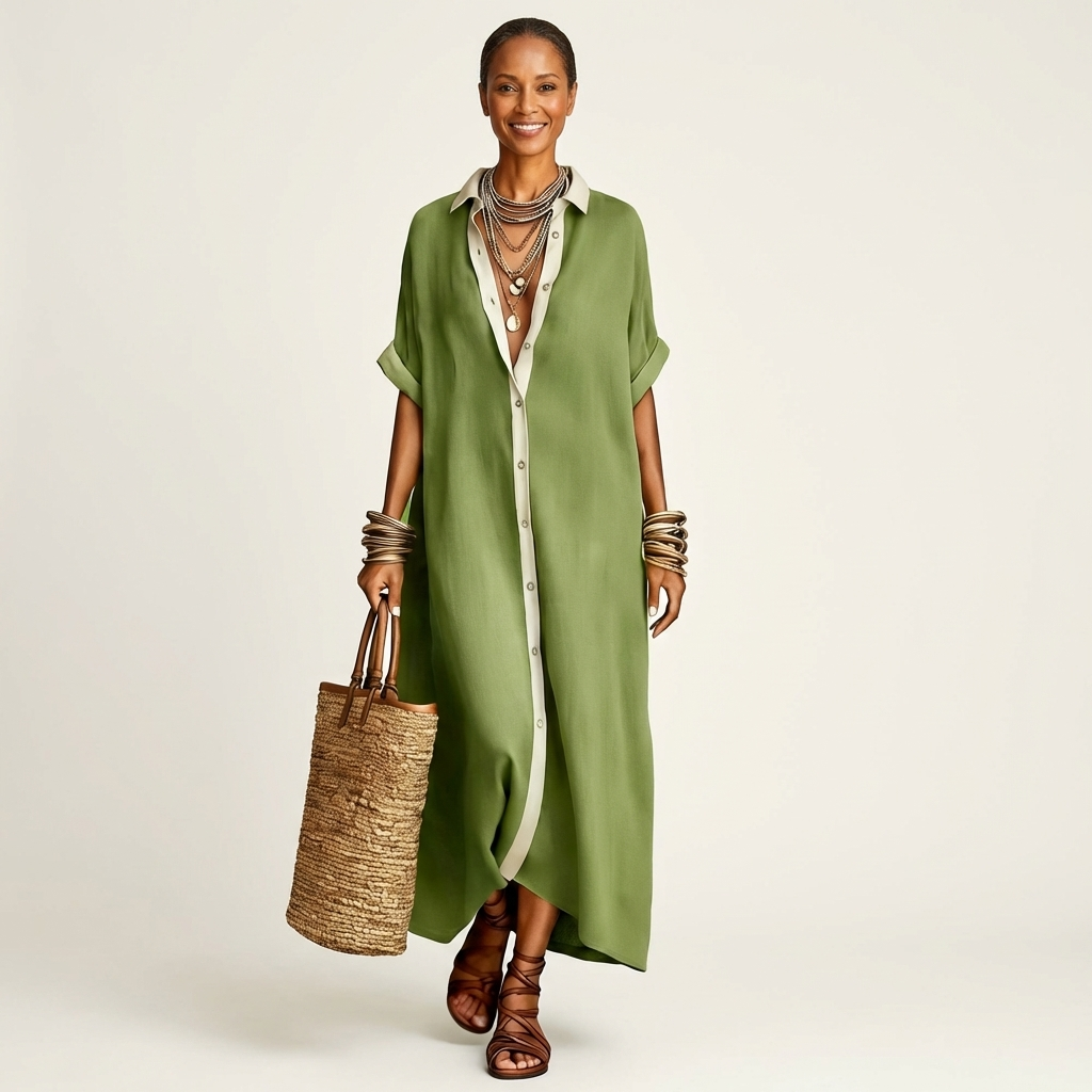 Kamira | Robe Chemise Maxi à Manches Courtes avec Col Contrasté et Boutonnage Avant