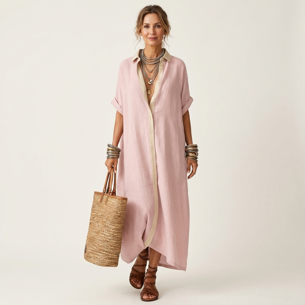 Kamira | Robe Chemise Maxi à Manches Courtes avec Col Contrasté et Boutonnage Avant