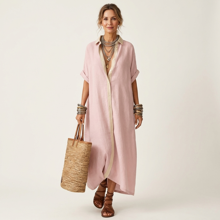 Kamira | Robe Chemise Maxi à Manches Courtes avec Col Contrasté et Boutonnage Avant