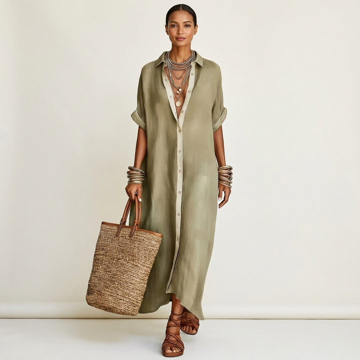 Kamira | Robe Chemise Maxi à Manches Courtes avec Col Contrasté et Boutonnage Avant