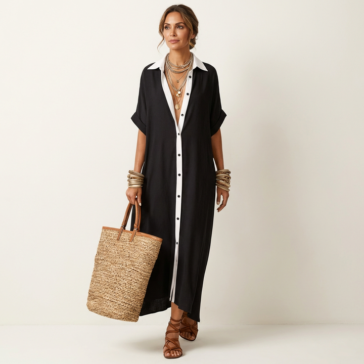 Kamira | Robe Chemise Maxi à Manches Courtes avec Col Contrasté et Boutonnage Avant