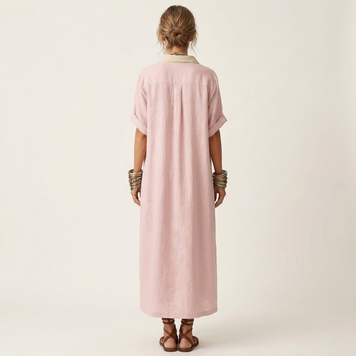 Kamira | Robe Chemise Maxi à Manches Courtes avec Col Contrasté et Boutonnage Avant