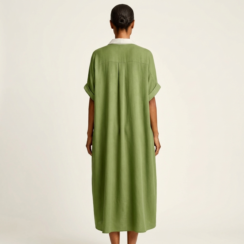 Kamira | Robe Chemise Maxi à Manches Courtes avec Col Contrasté et Boutonnage Avant