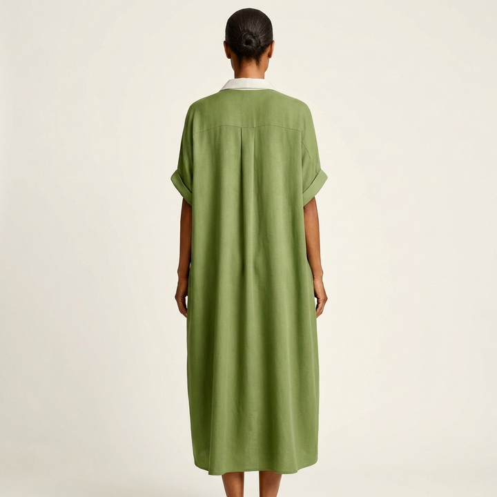 Kamira | Robe Chemise Maxi à Manches Courtes avec Col Contrasté et Boutonnage Avant