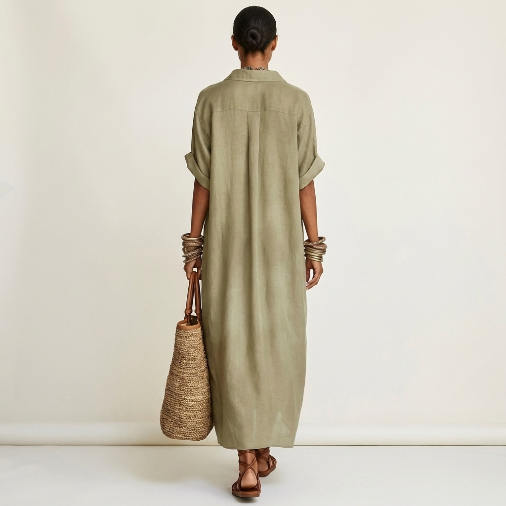 Kamira | Robe Chemise Maxi à Manches Courtes avec Col Contrasté et Boutonnage Avant