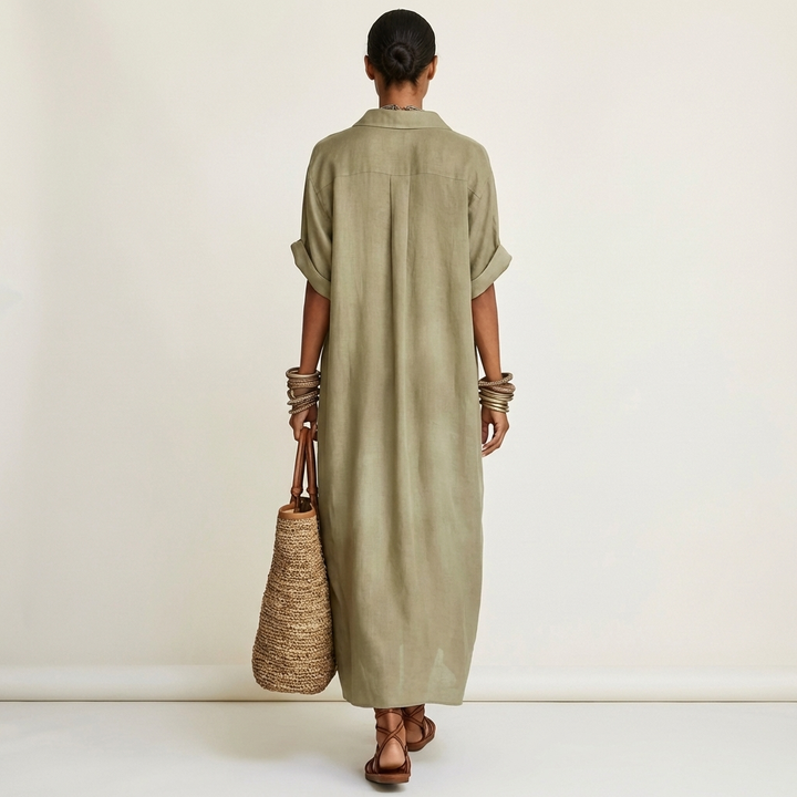 Kamira | Robe Chemise Maxi à Manches Courtes avec Col Contrasté et Boutonnage Avant