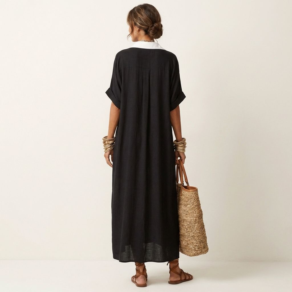 Kamira | Robe Chemise Maxi à Manches Courtes avec Col Contrasté et Boutonnage Avant