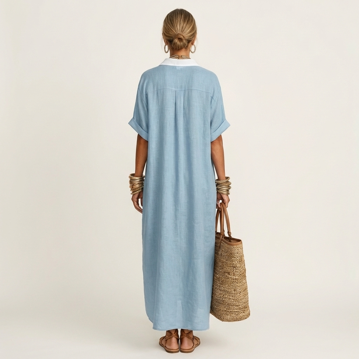 Kamira | Robe Chemise Maxi à Manches Courtes avec Col Contrasté et Boutonnage Avant
