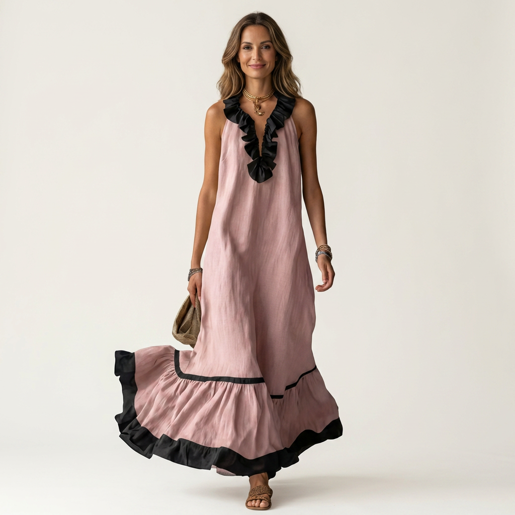 Mayline | Robe maxi sans manches à col volanté avec bord contrasté