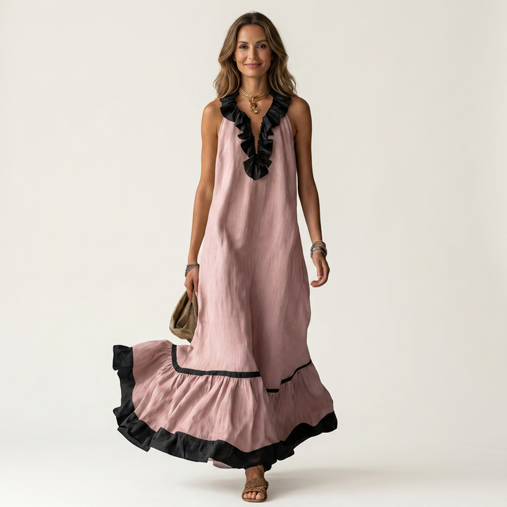 Mayline | Robe maxi sans manches à col volanté avec bord contrasté