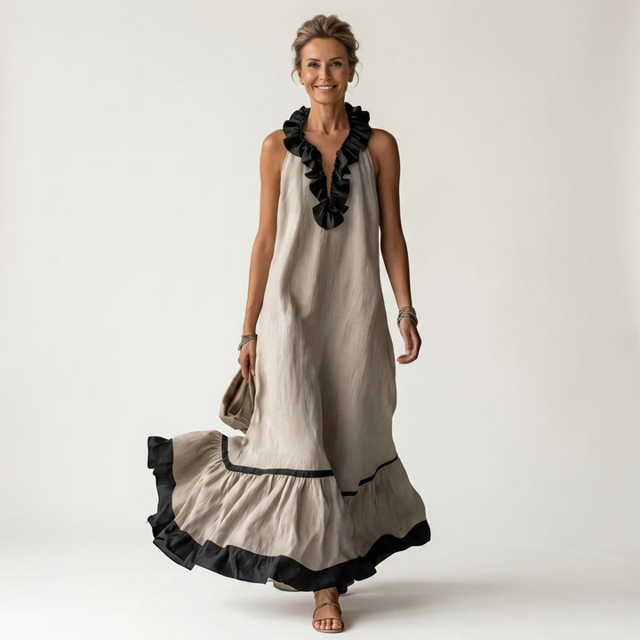 Mayline | Robe maxi sans manches à col volanté avec bord contrasté