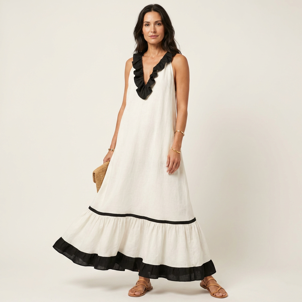 Mayline | Robe maxi sans manches à col volanté avec bord contrasté