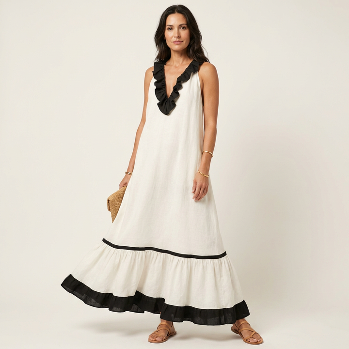 Mayline | Robe maxi sans manches à col volanté avec bord contrasté