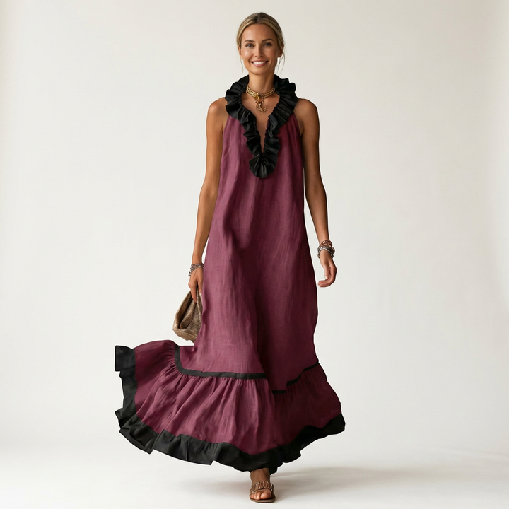 Mayline | Robe maxi sans manches à col volanté avec bord contrasté