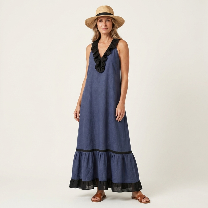 Mayline | Robe maxi sans manches à col volanté avec bord contrasté