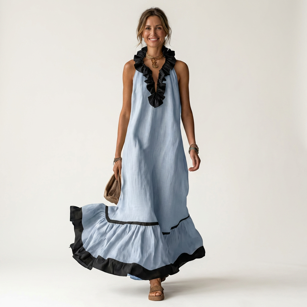 Mayline | Robe maxi sans manches à col volanté avec bord contrasté