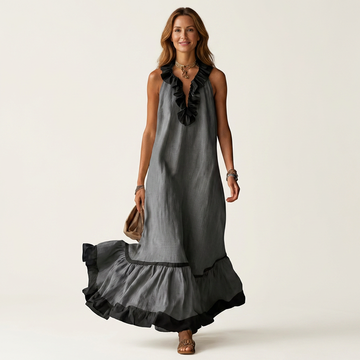 Mayline | Robe maxi sans manches à col volanté avec bord contrasté