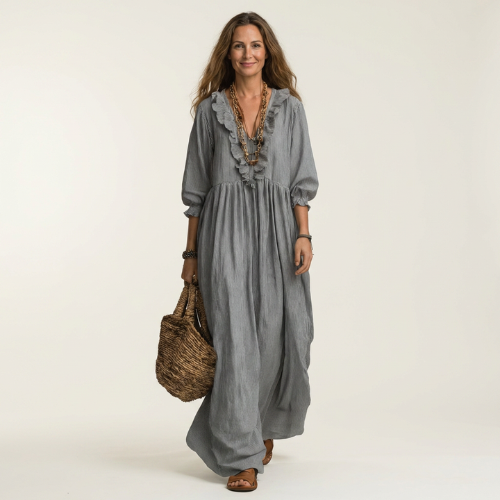 Yosetta | Robe Maxi à Rayures avec Col V Volant