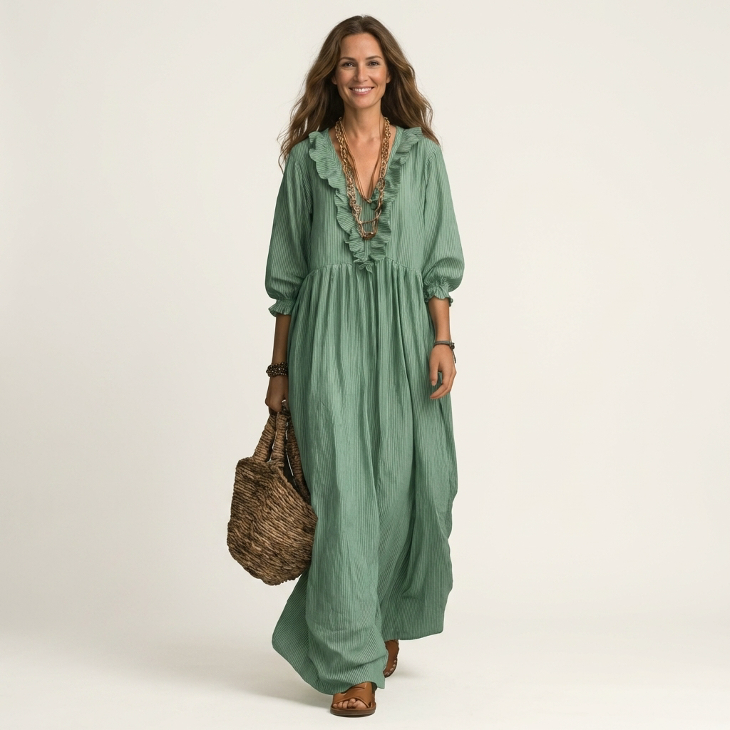 Yosetta | Robe Maxi à Rayures avec Col V Volant