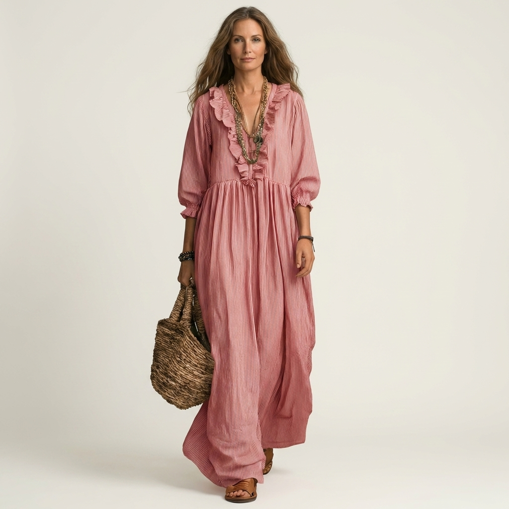 Yosetta | Robe Maxi à Rayures avec Col V Volant