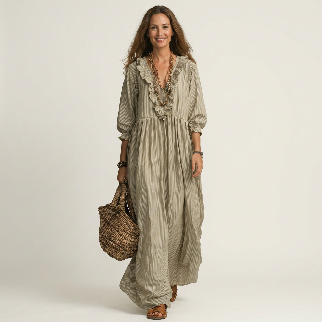 Yosetta | Robe Maxi à Rayures avec Col V Volant