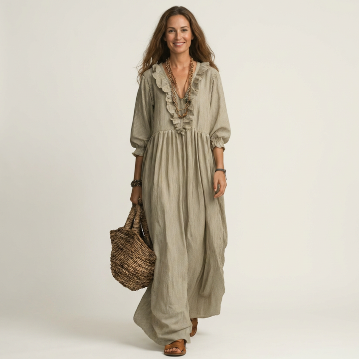 Yosetta | Robe Maxi à Rayures avec Col V Volant