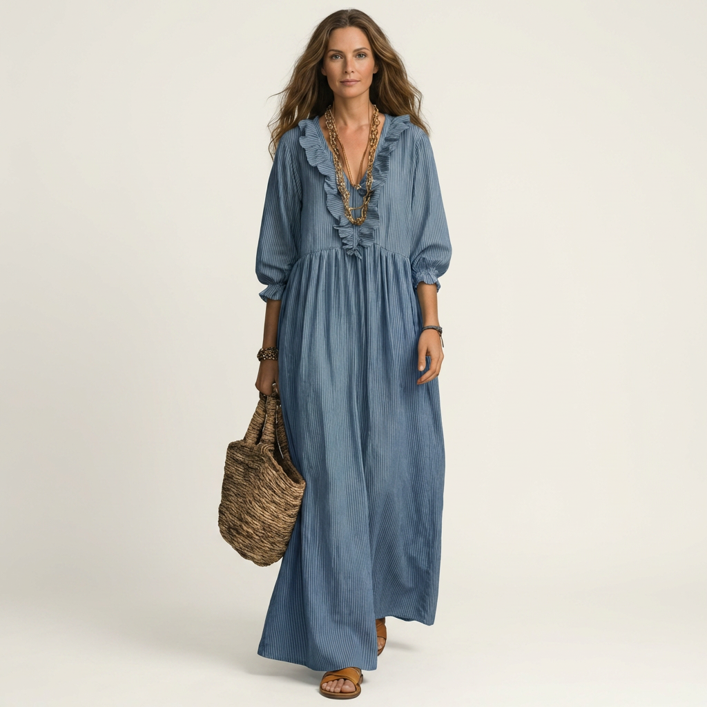Yosetta | Robe Maxi à Rayures avec Col V Volant