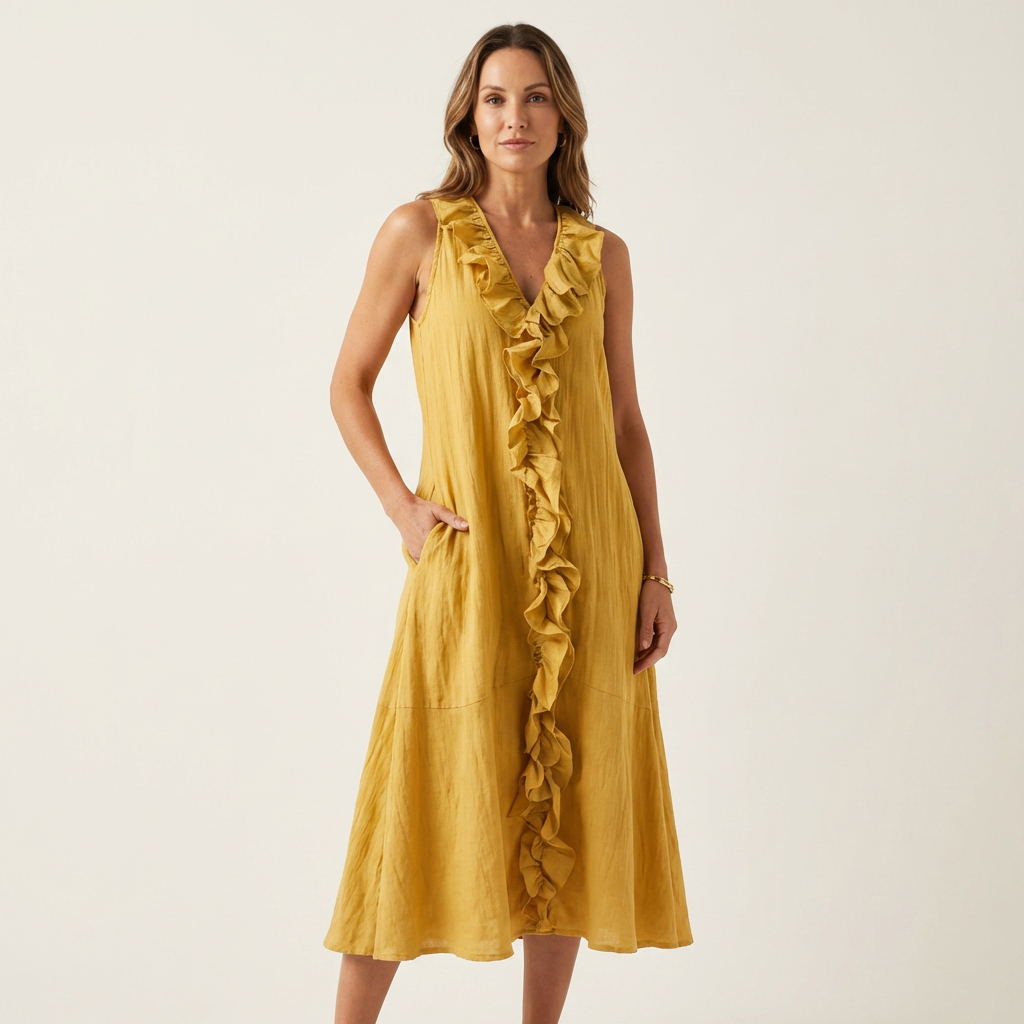 Vicky | Robe Maxi Sans Manches en Lin avec Volant en V