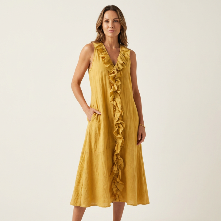Vicky | Robe Maxi Sans Manches en Lin avec Volant en V