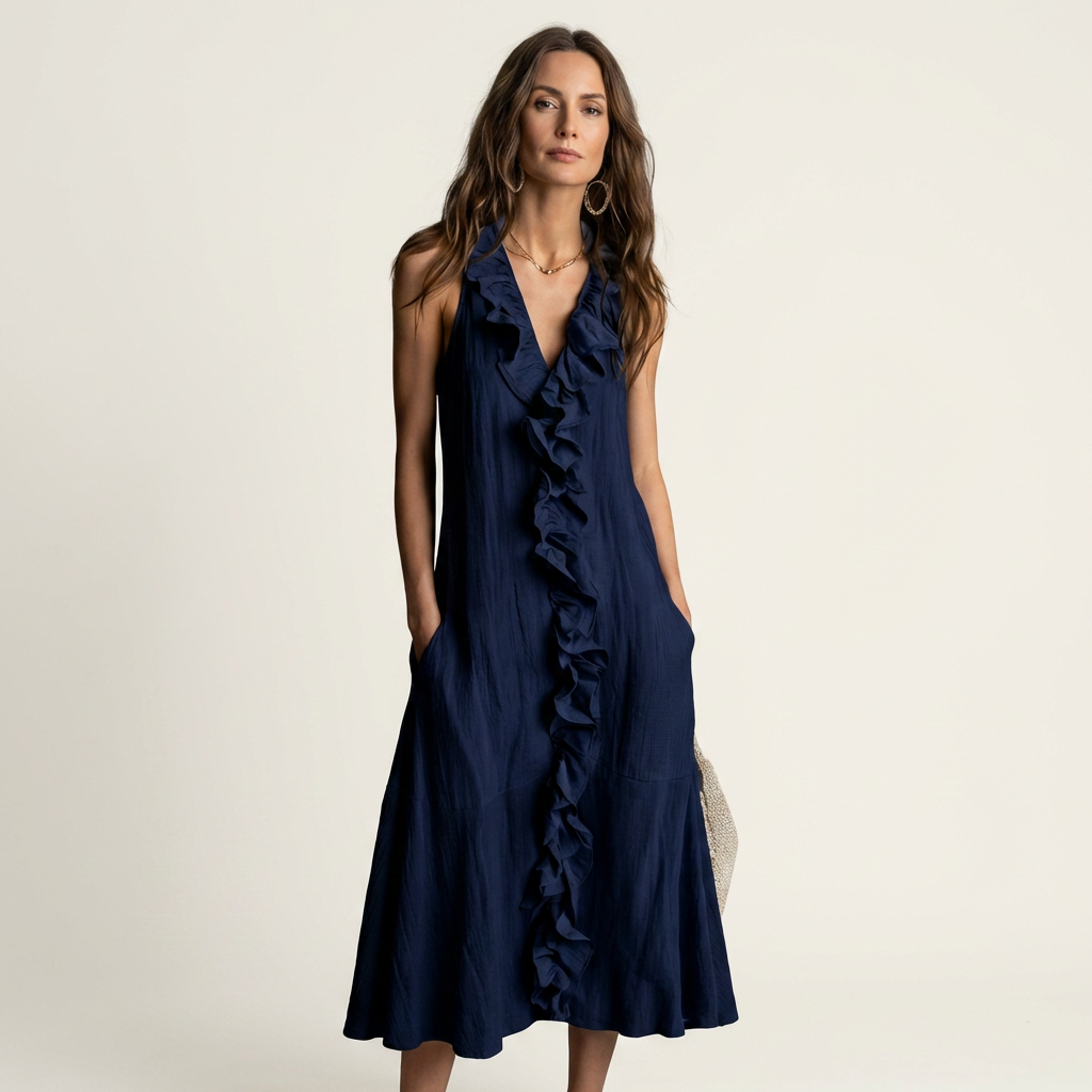 Vicky | Robe Maxi Sans Manches en Lin avec Volant en V