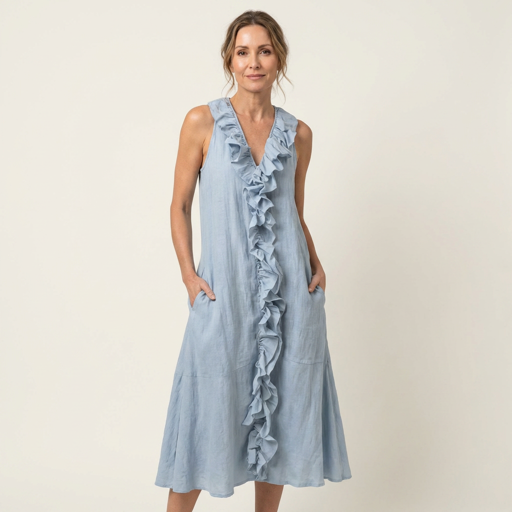 Vicky | Robe Maxi Sans Manches en Lin avec Volant en V