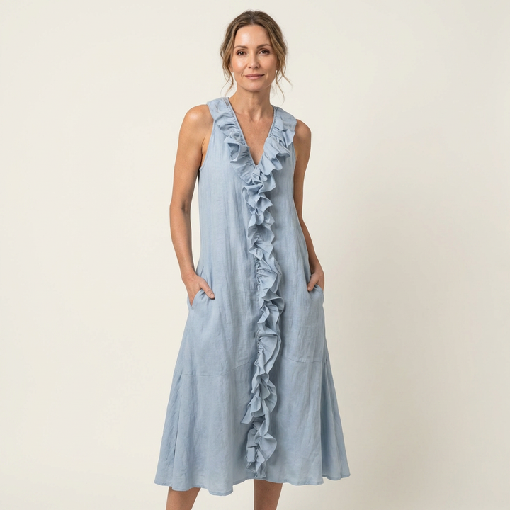 Vicky | Robe Maxi Sans Manches en Lin avec Volant en V