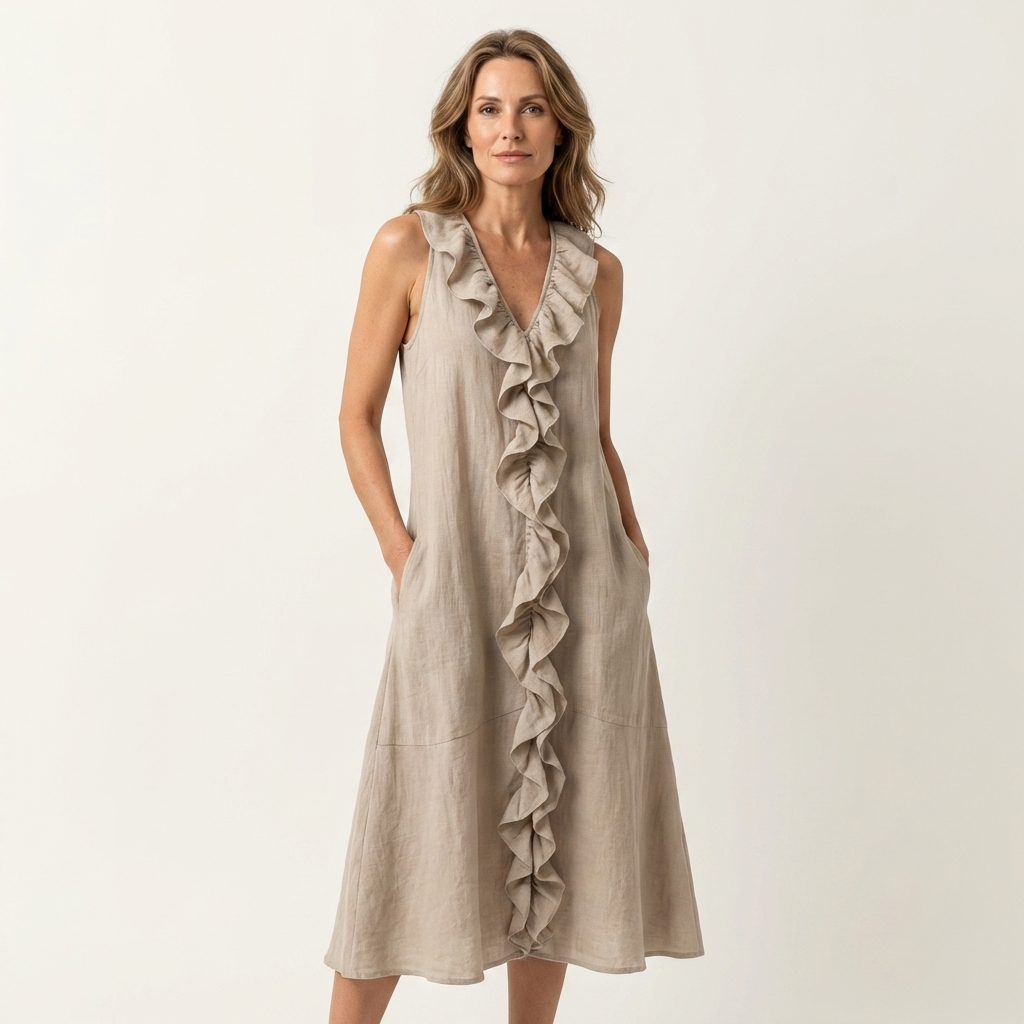 Vicky | Robe Maxi Sans Manches en Lin avec Volant en V