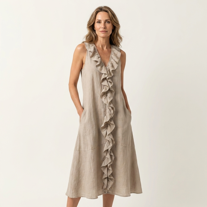 Vicky | Robe Maxi Sans Manches en Lin avec Volant en V