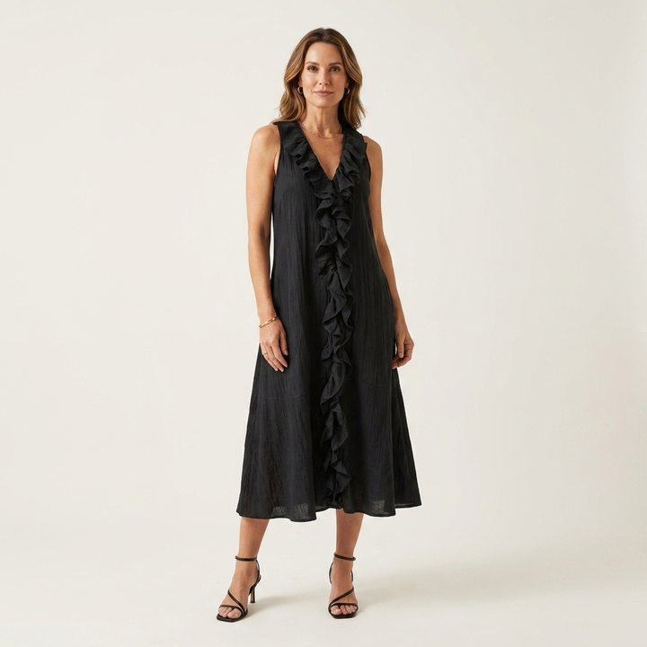 Vicky | Robe Maxi Sans Manches en Lin avec Volant en V