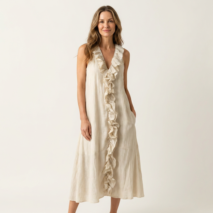 Vicky | Robe Maxi Sans Manches en Lin avec Volant en V