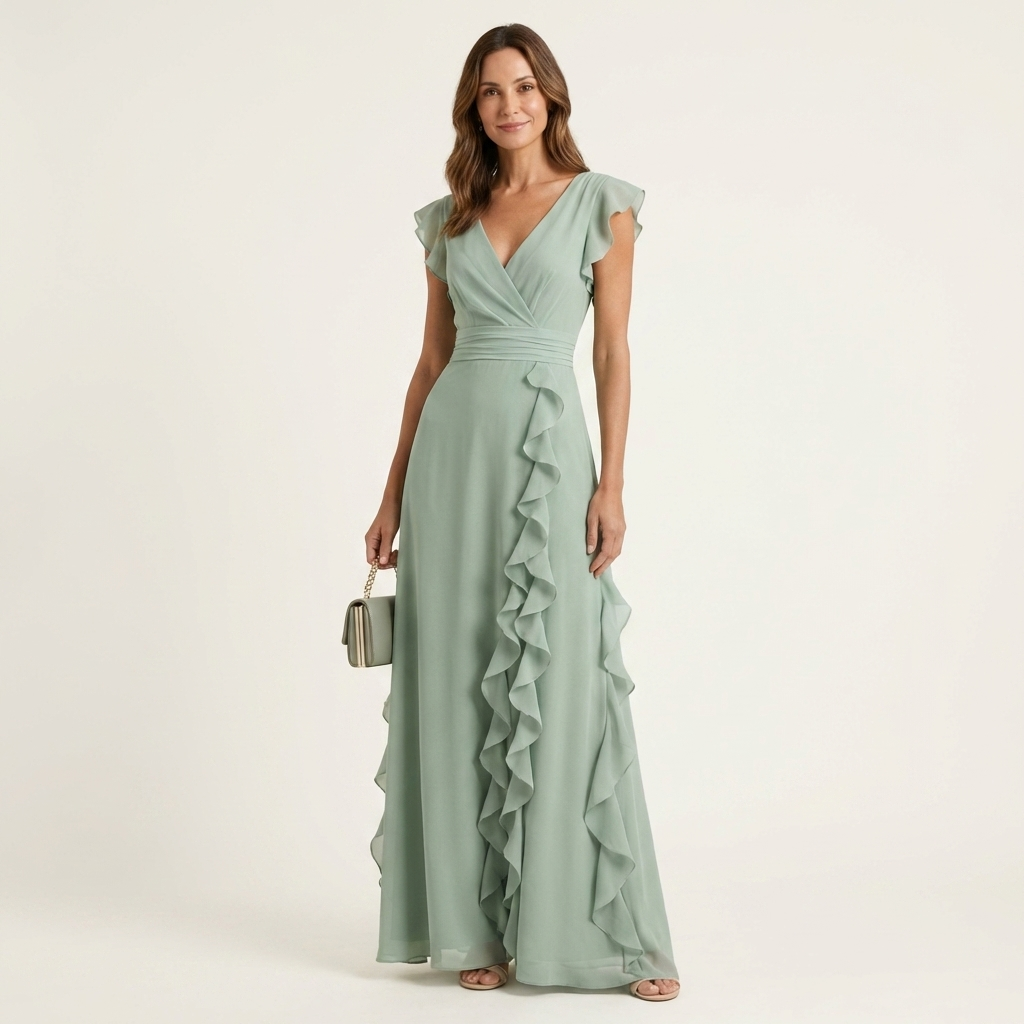 Nellyana | Robe Maxi à Volants Cascadants avec Décolleté en V et Manches Papillon
