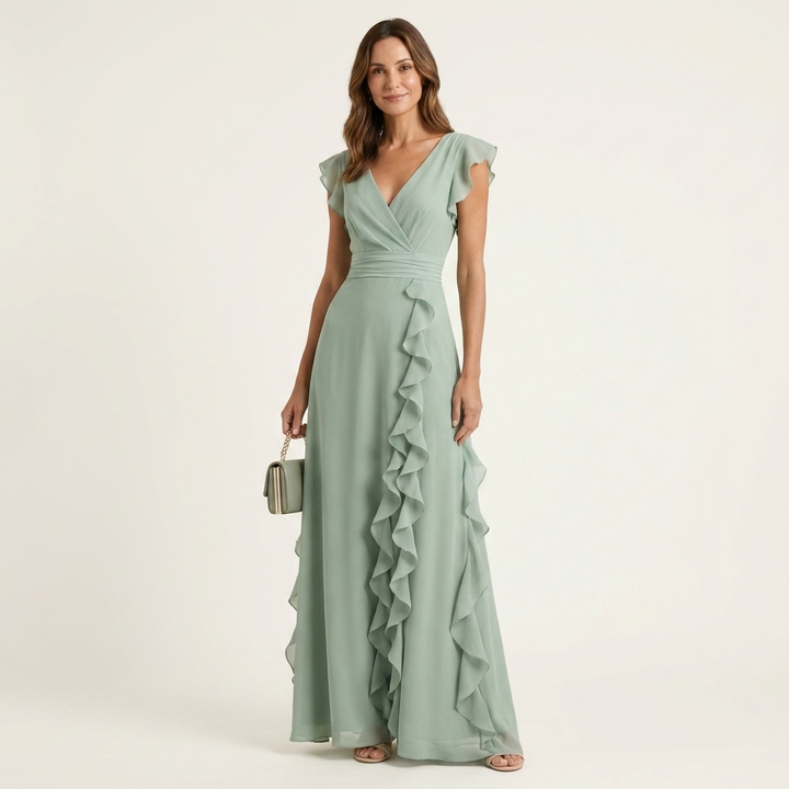 Nellyana | Robe Maxi à Volants Cascadants avec Décolleté en V et Manches Papillon