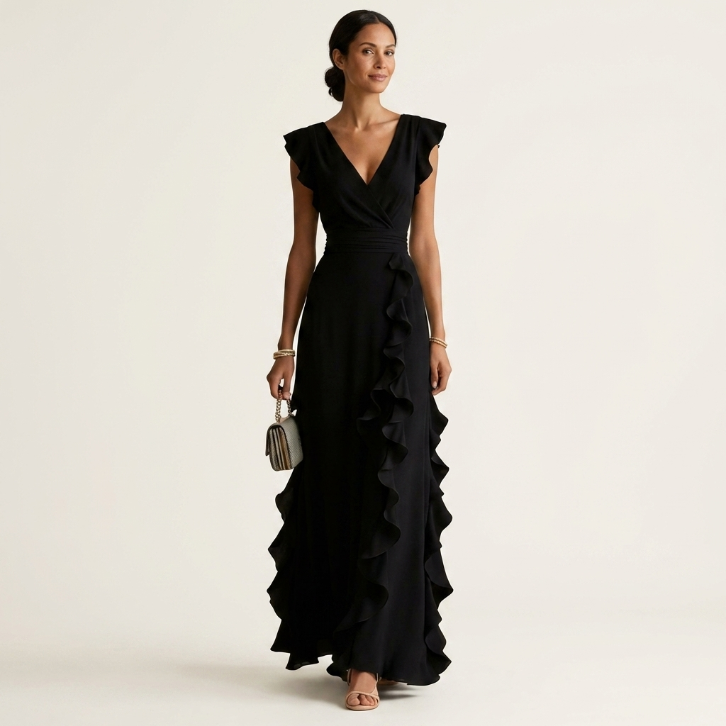 Nellyana | Robe Maxi à Volants Cascadants avec Décolleté en V et Manches Papillon